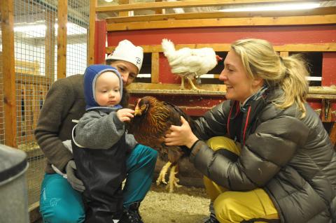 Tidlig kunnskap er viktig. Her koser Maria Almli (til høyre) seg i hønsegården sammen med ettåringen Skage og mamma Elin Aan-Quabeck på Bodin 4H-gård. Foto: Ingeborg Tangeraas.