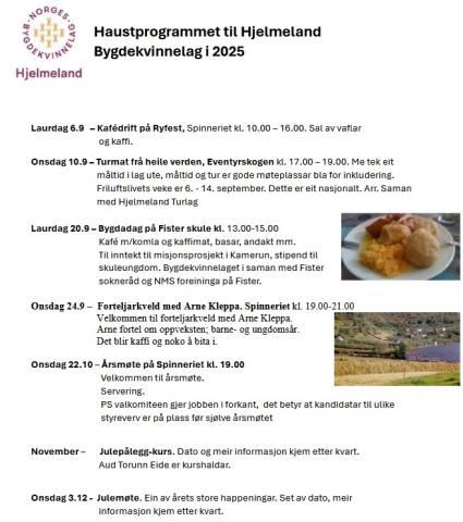program Hjelmeland bygdekvinnelag haust 2025