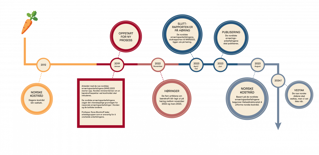 Kostråd i endring: Tidslinjen fra oppstart til utforming  av nye, norske kostråd. Illustrasjon: Mari Gjengedal.