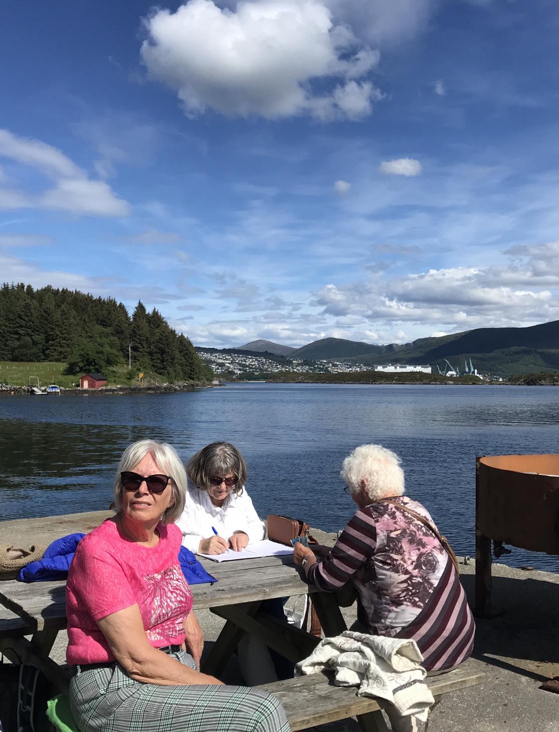 Vi ventar på siste skyssbåt, nydeleg ver og utsikt!