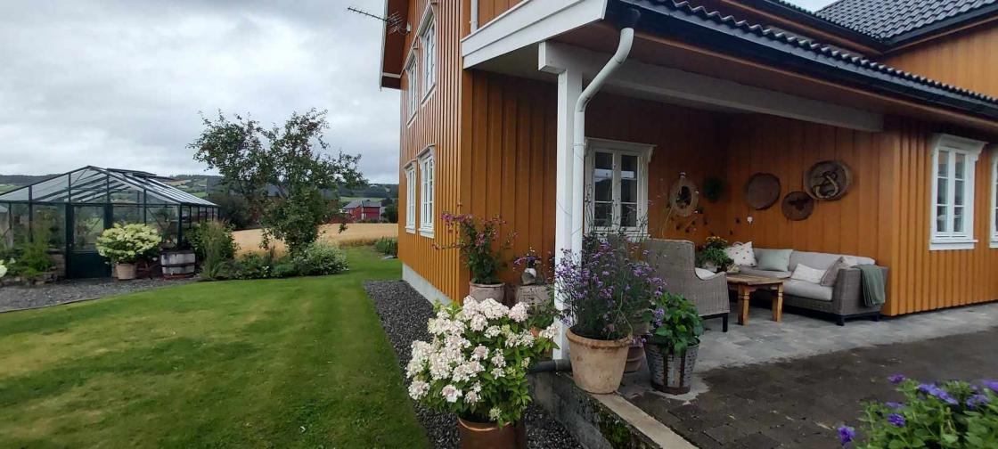 Hage, drivhus, potteplanter og hus