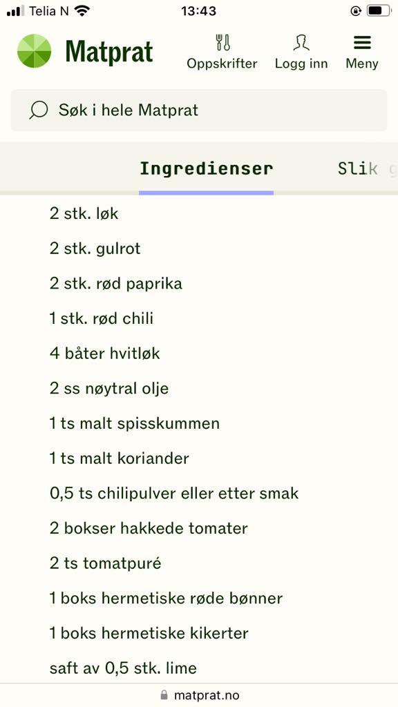 Skjermbilde av oppskrift på gryterett fra Matprat