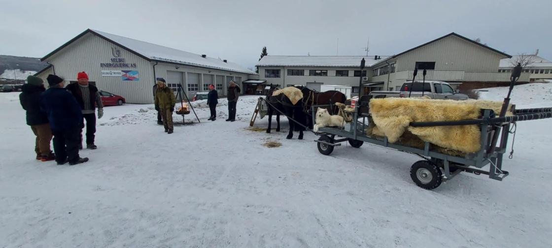 mennesker, hest og vogn med skinn