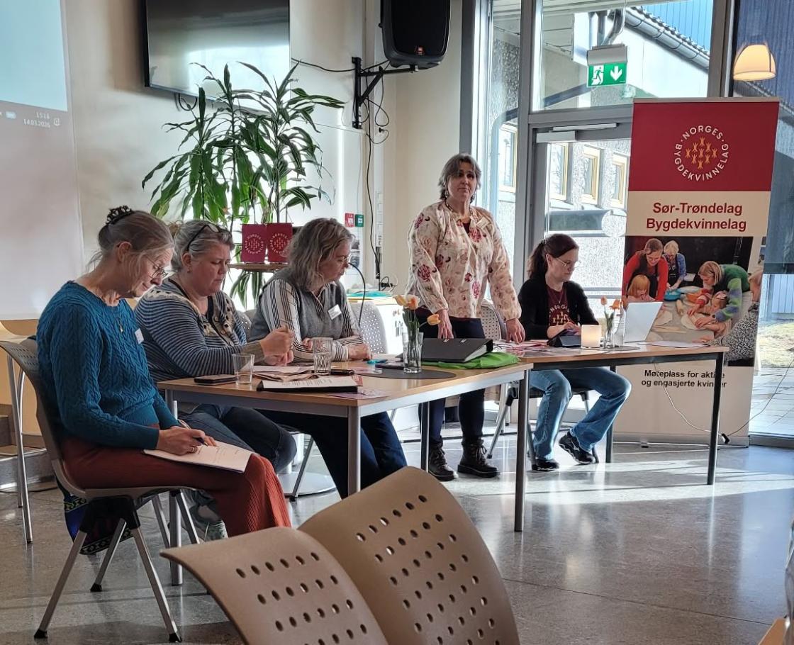 Gruppe bygdekvinner sitter samlet på årsmøte