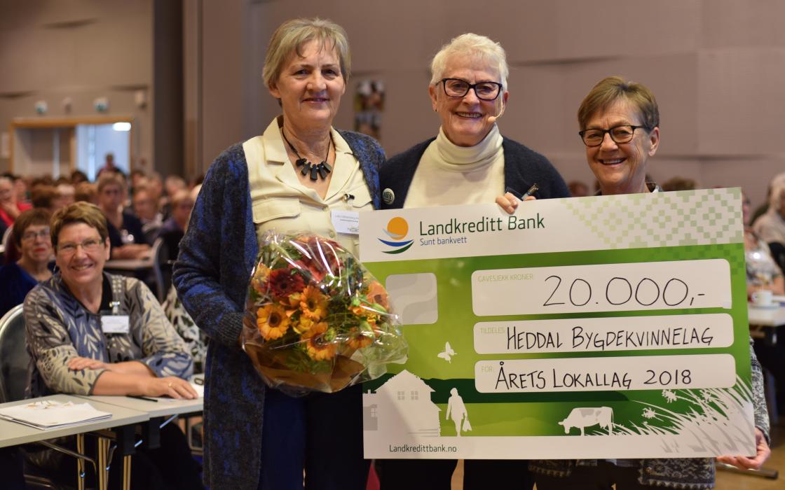 Årets lokallag 2018 er Heddal Bygdekvinnelag fra Telemark. Mottakere av prisen er Laila Glittenberg Moen, nestleder, Vera Tinnes Solaas, leder, og Ingrid Kasta, sekretær. Foto: Helle Cecilie Berger.