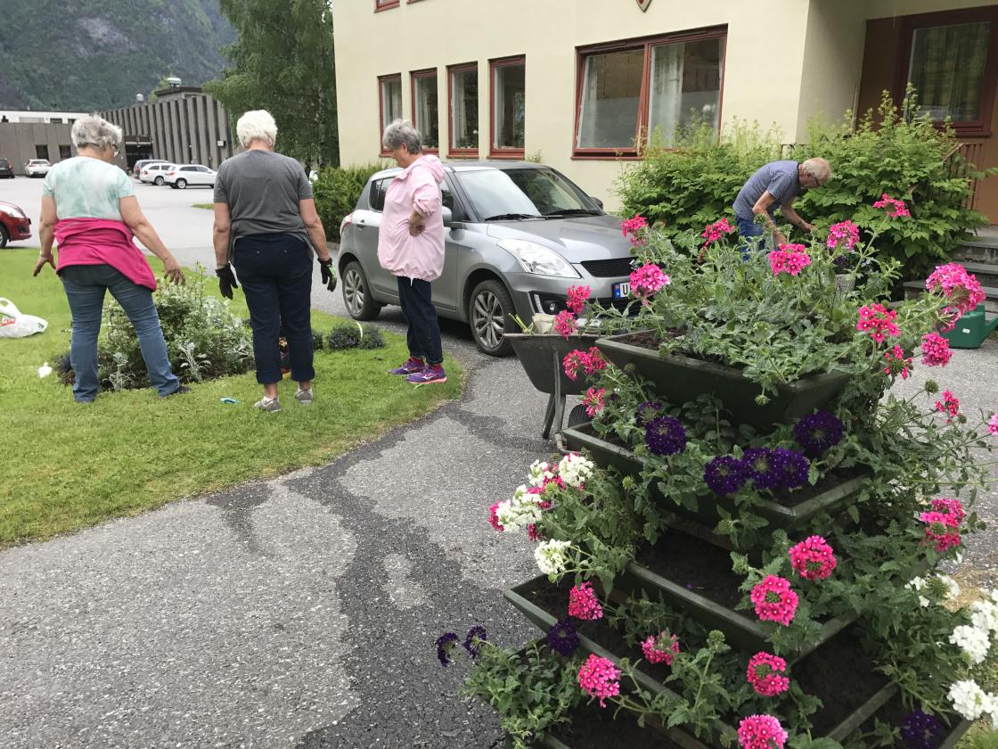 Blomsterpyramide og rosebed.