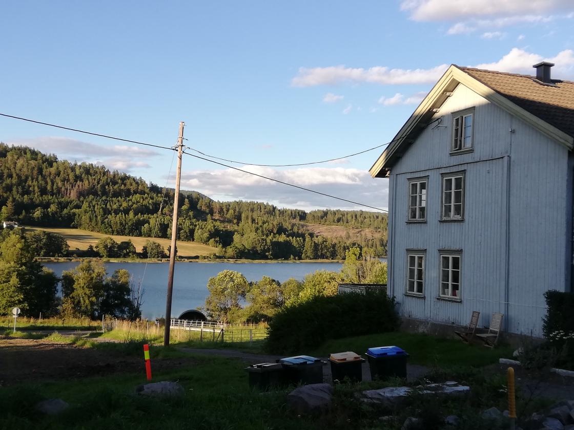 Gården ligger fint til ned mot vannet der mange av oss badet som unger, men hvor blågrønnalgene nå gjør det umulig