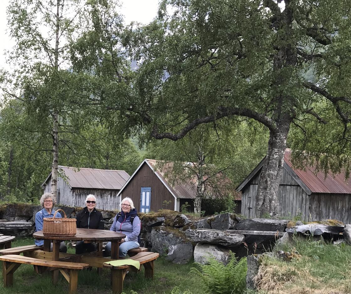 Tre spreke damer som gjekk fram til setra. Lang fjelltur tidlegare på dag også!