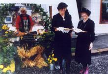 Solfrid Enerhaugen, Anne Galteland og Marianne Løchen reklamerte for Hillestad bondekvinnelag på Foreningens dag i Holmestrand. Foto: Jarsberg Avis